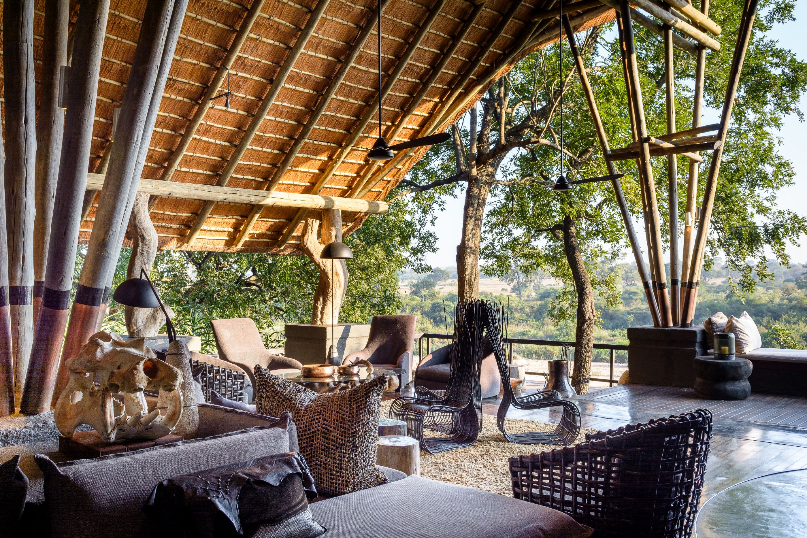 The outdoor seating area at Singita Boulders