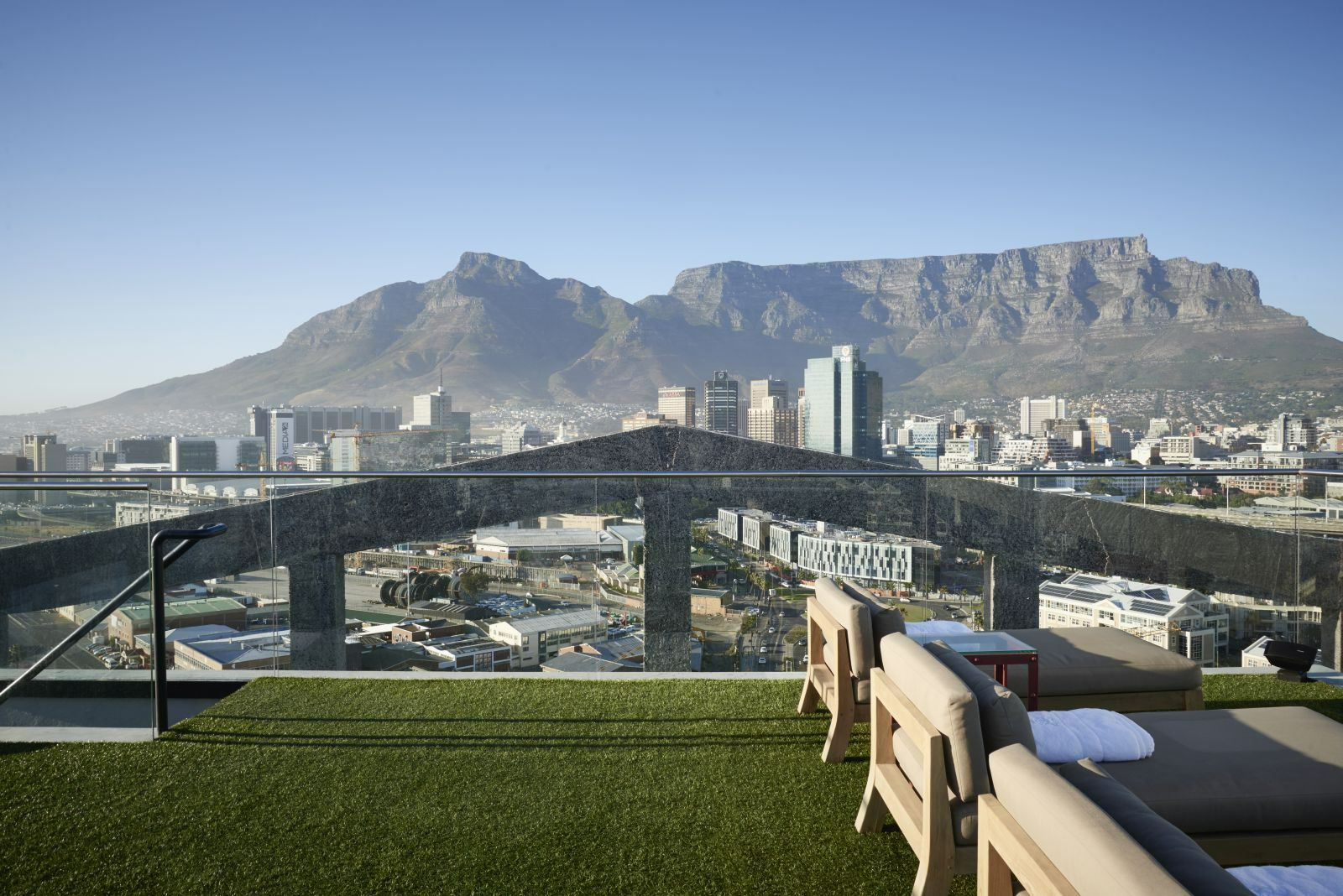 View of Table Mountain from the roof terrace at  The Silo Hotel in Cape Town