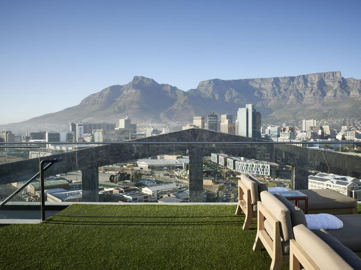 View of Table Mountain from the roof terrace at The Silo Hotel in Cape Town