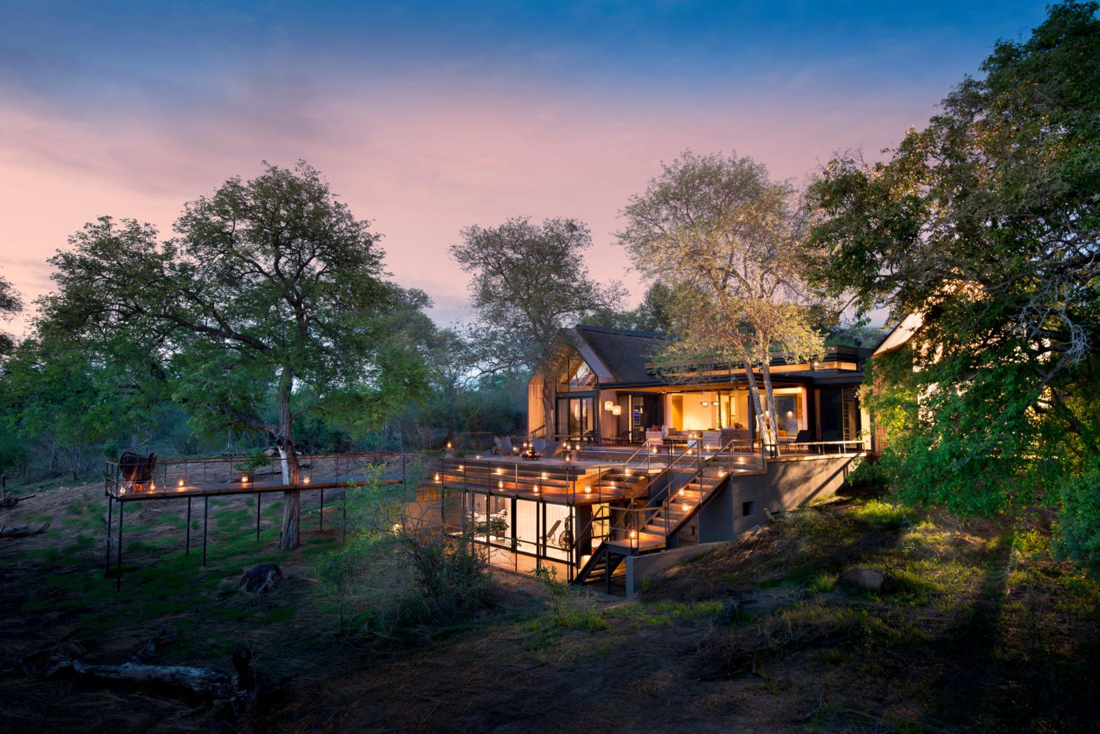 Night exterior view of Fish Eagle Villa at Lion Sands in the Kruger National Park in South Africa