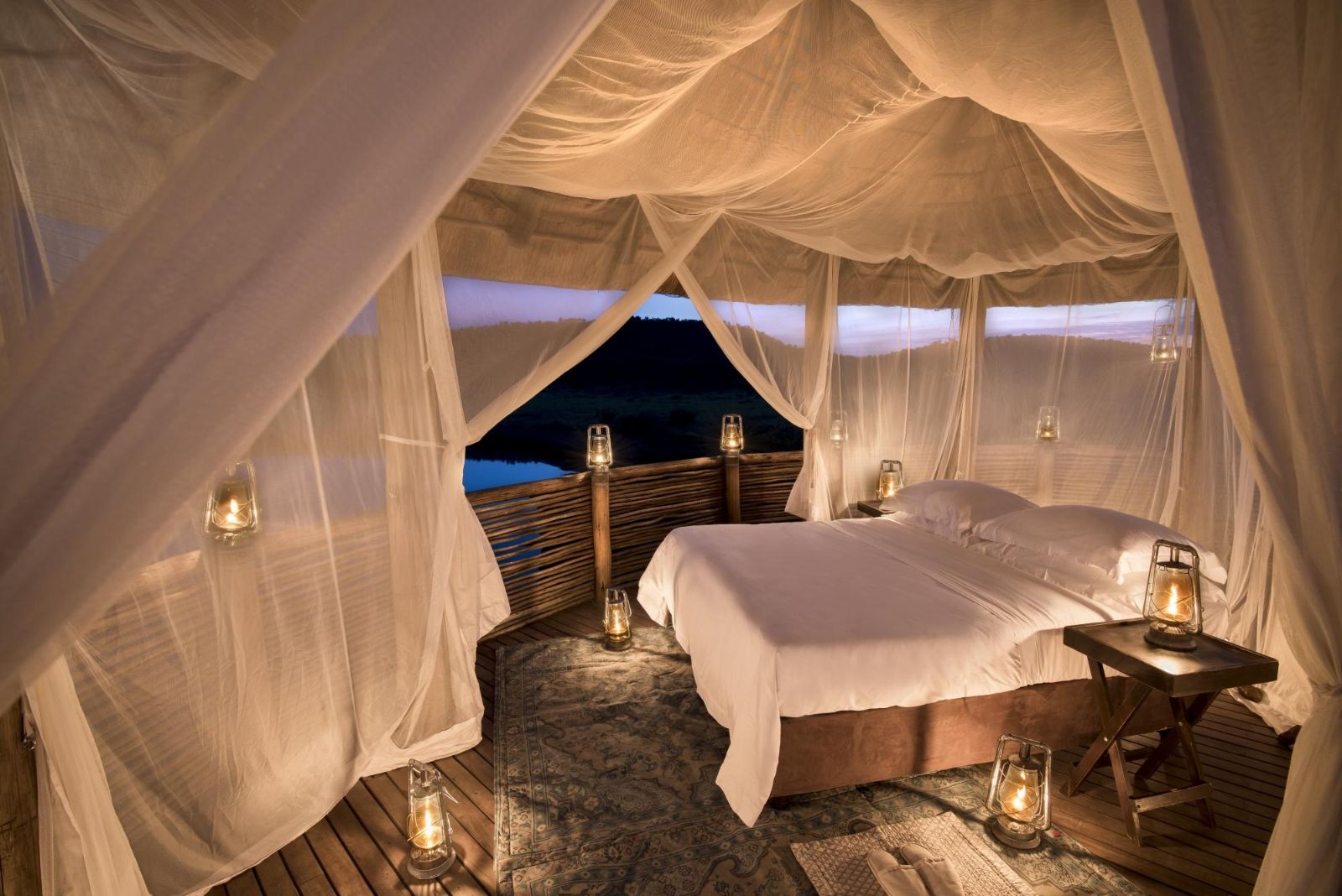 Sleepout deck at luxury private house Morukuru River House in the Madikwe Game Reserve in South Africa