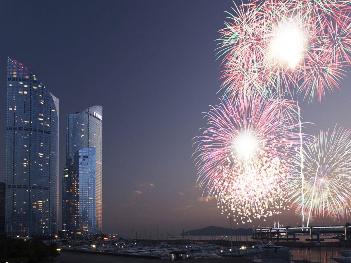 Exterior view of Park Hyatt Busan with fireworks