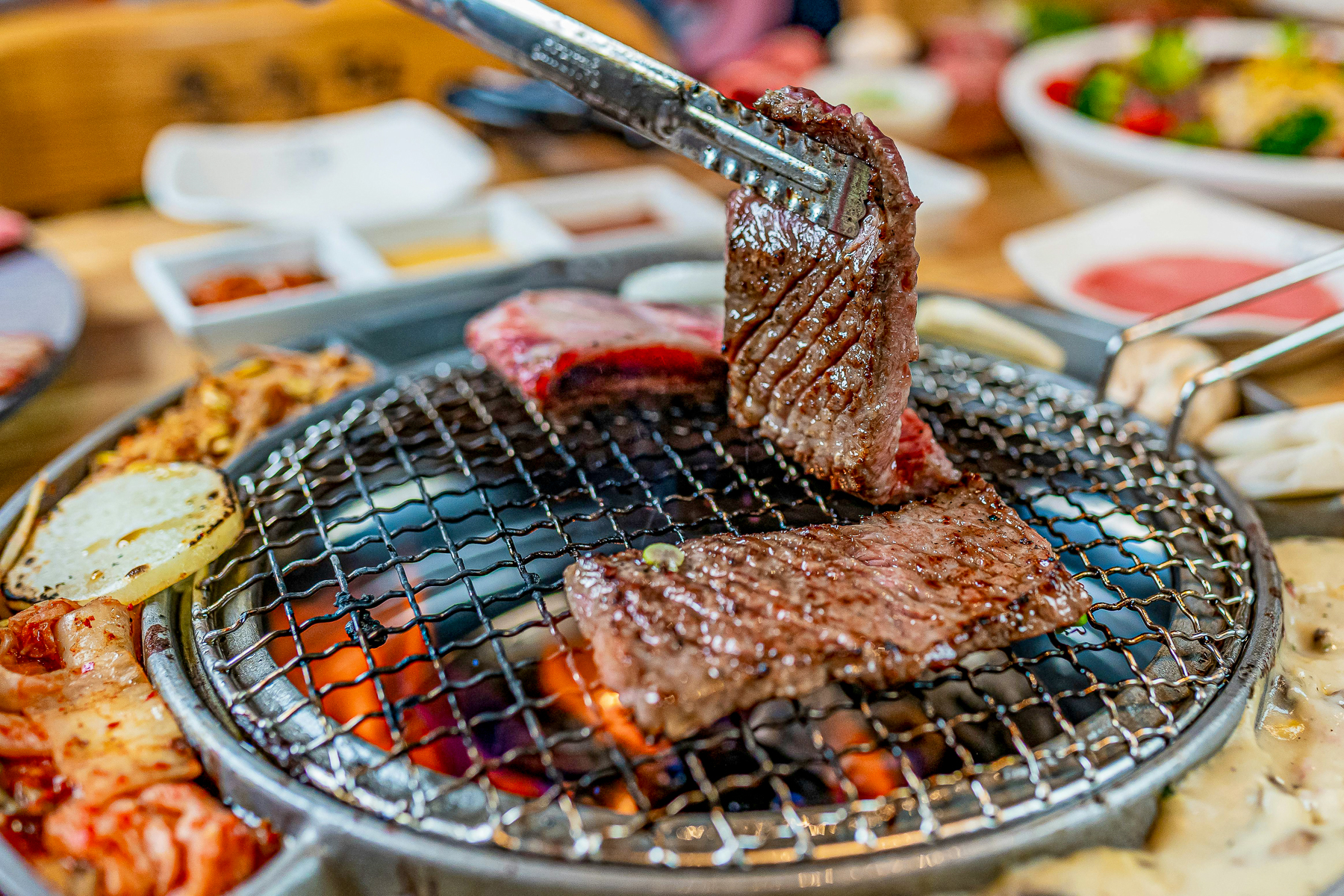 Beef cooked on a Korean barbecue
