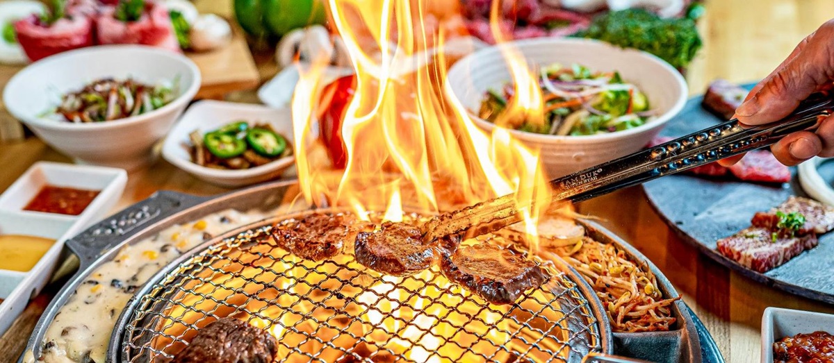 Meats being grilled on a Korean bbq in South Korea