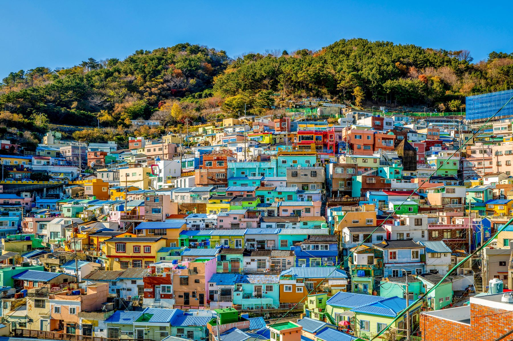 Aerial view of the tiered colourful houses in Busan's Gamcheon Cultural Village
