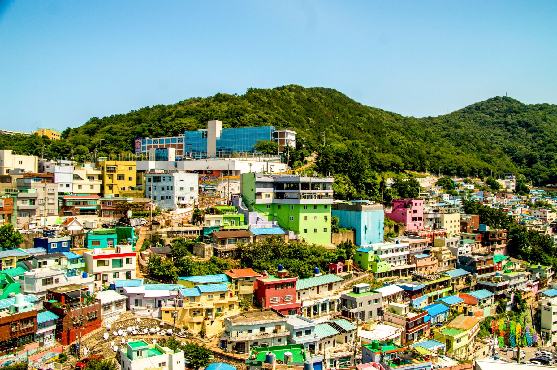 Aerial view of the colourful houses in Busan's Gamcheon Cultural Village