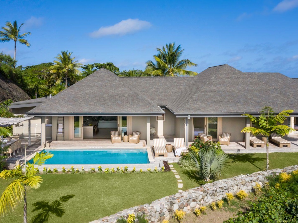 Exterior view of the Namara Residence with private pool at luxury resort Kokomo Island in Fiji
