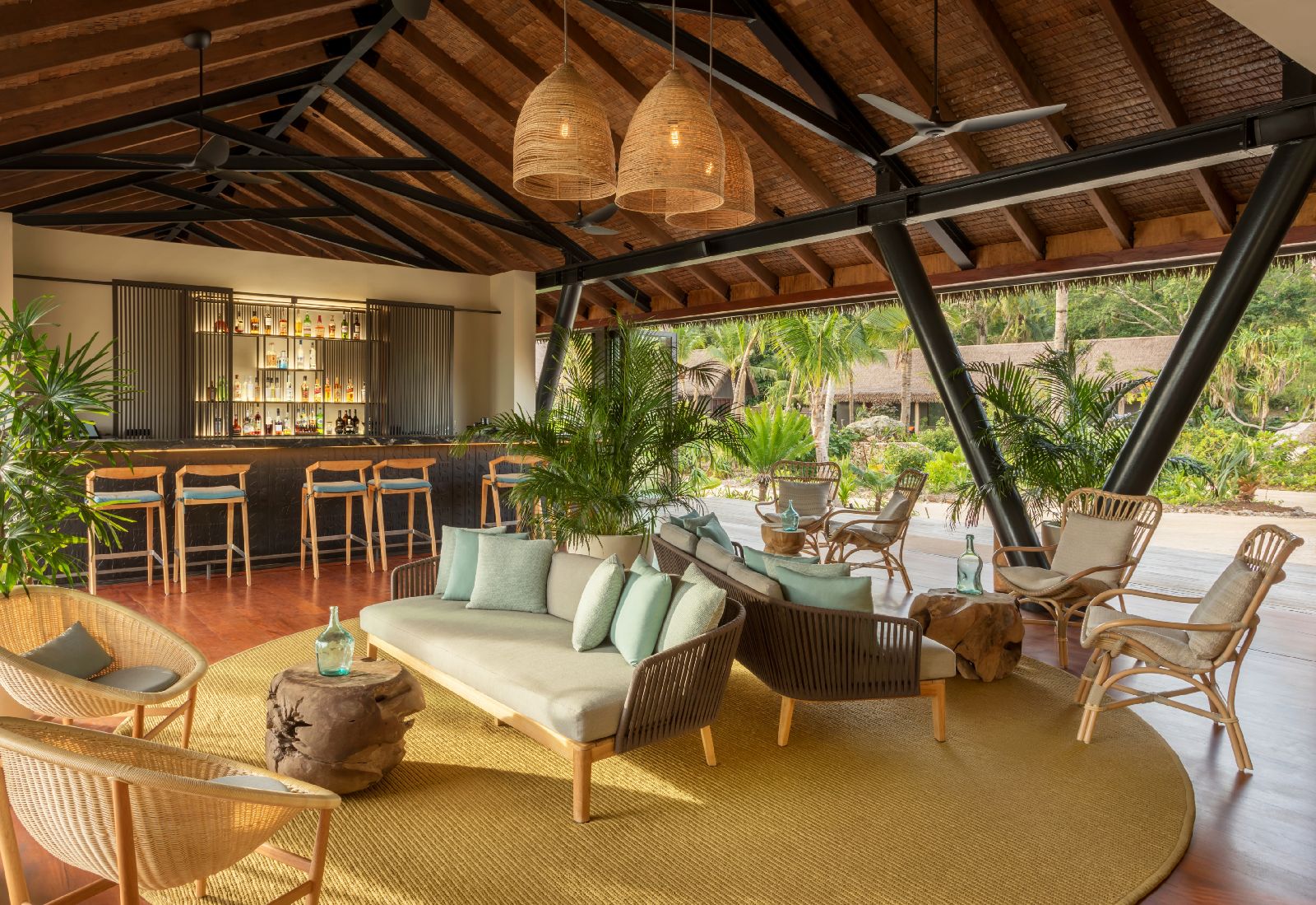 Thatch roofed bar at the Six Senses Fiji