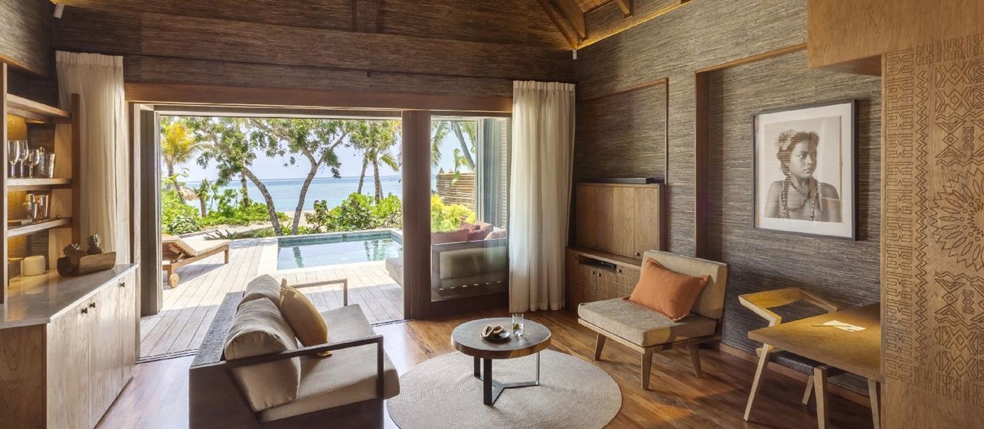 Interiors of a beachfront pool villa the Six Senses Fiji