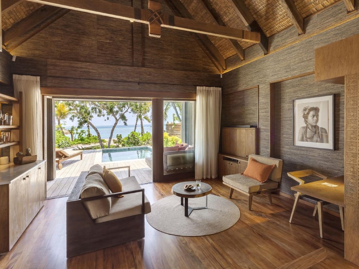 Interiors of a beachfront pool villa the Six Senses Fiji