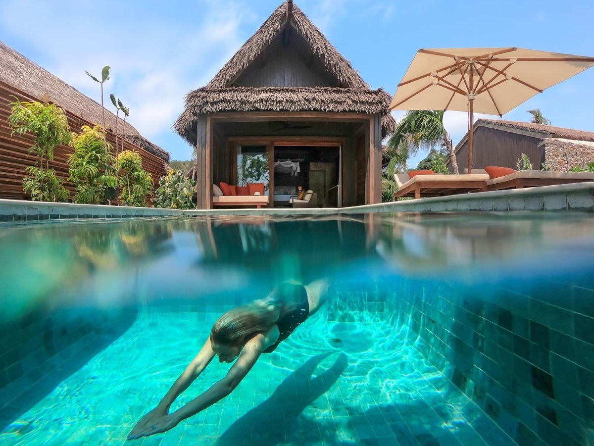 Guest enjoying their private plunge pool at the Six Senses Fiji