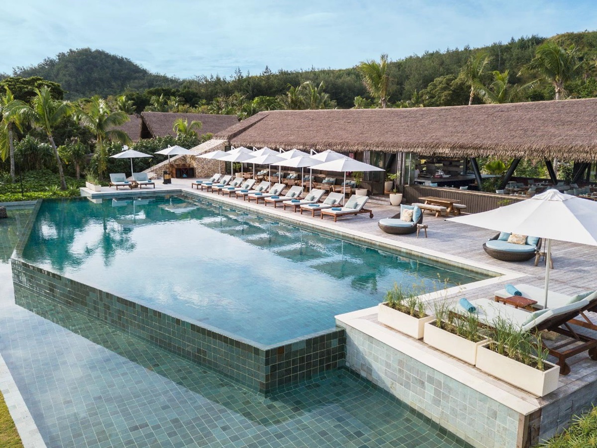 The swimming pool at the Six Senses Fiji