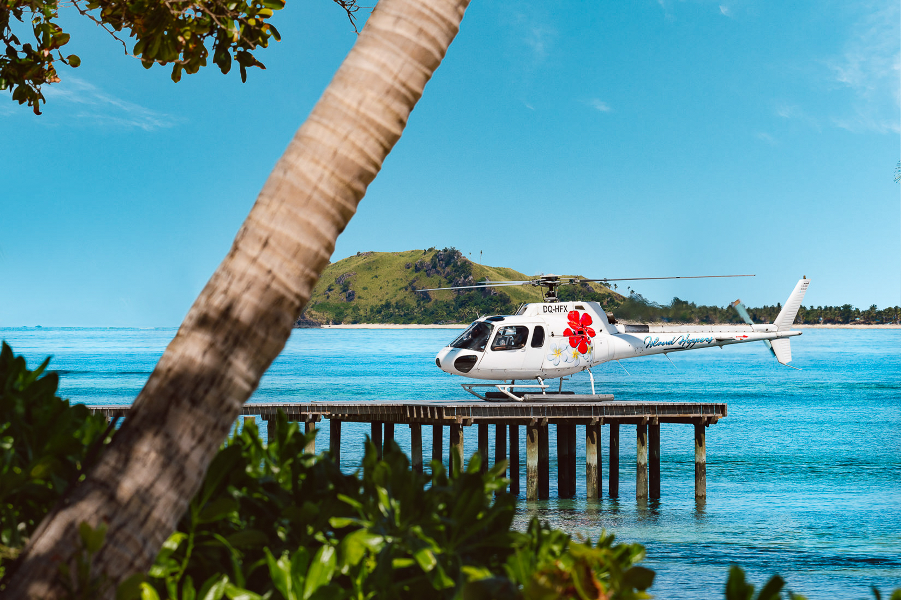A helicopter on the jetty at Tokoriki Island Resort in Fiji