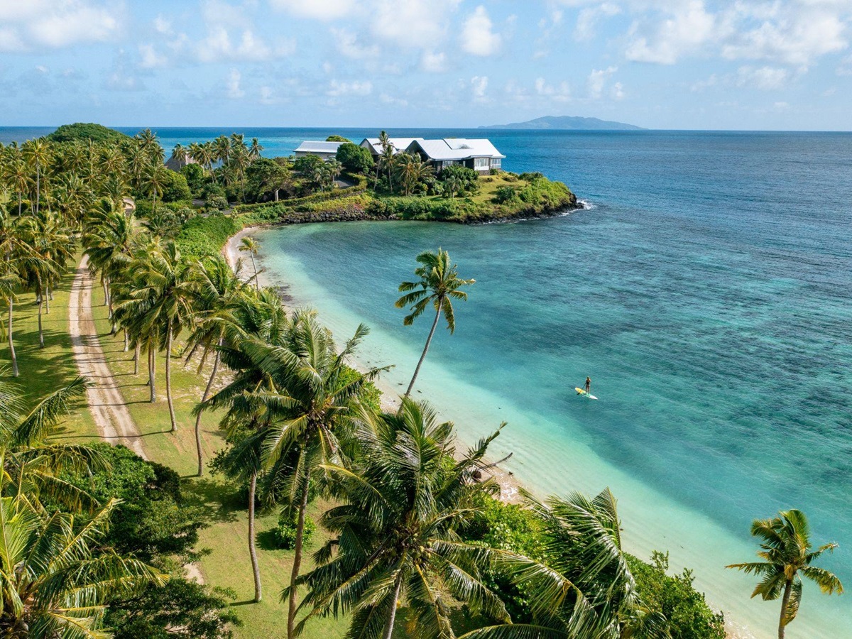 Aerial view of the coastline at Wakaya Island Resort in Fiji