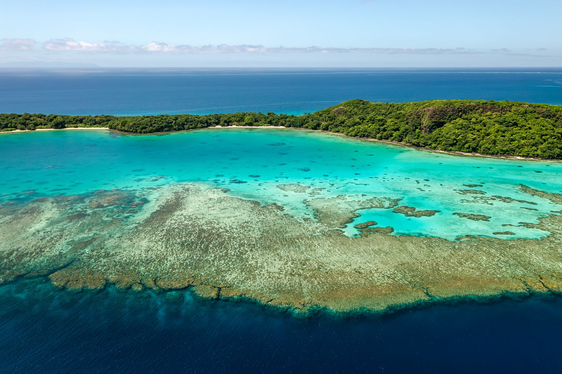 Aerial view of the reef surrounding Wakaya Island Resort in Fiji