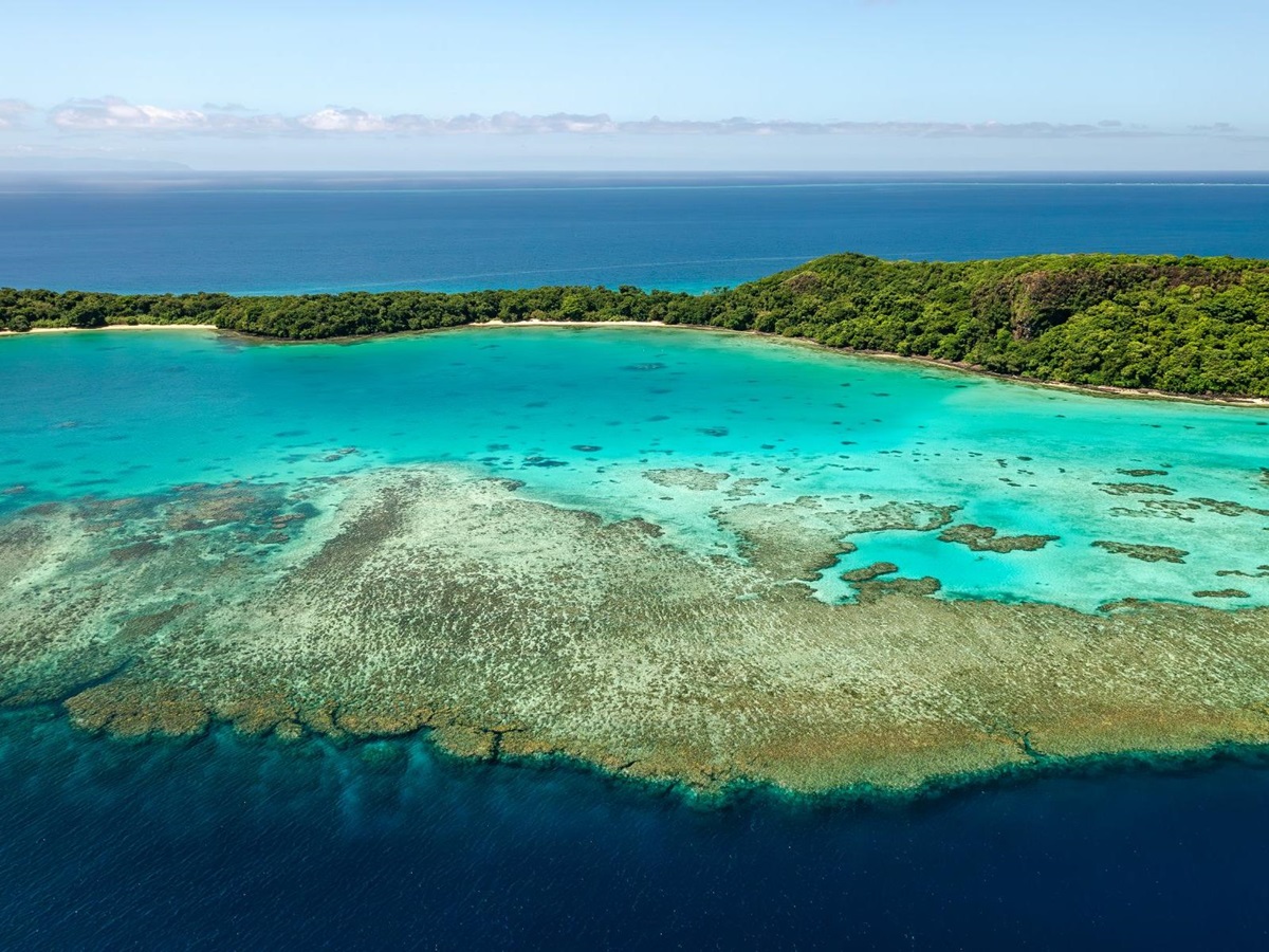 Aerial view of the reef surrounding Wakaya Island Resort in Fiji