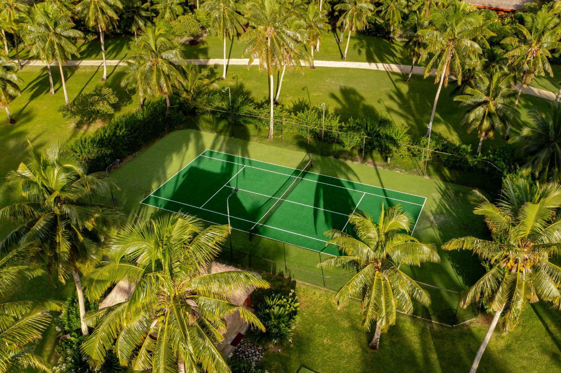 Aerial view of the tennis court at Wakaya Island Resort in Fiji