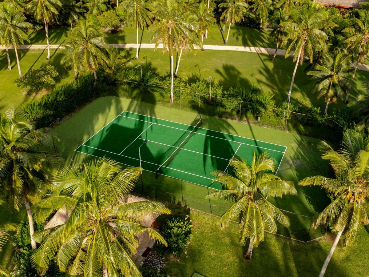 Aerial view of the tennis court at Wakaya Island Resort in Fiji