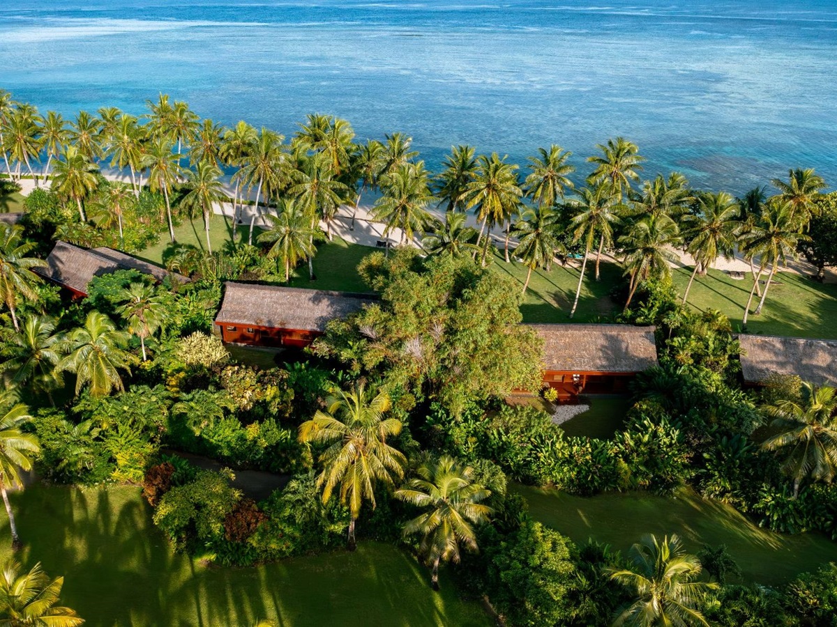 Aerial view of guest bures at Wakaya Island Resort in Fiji