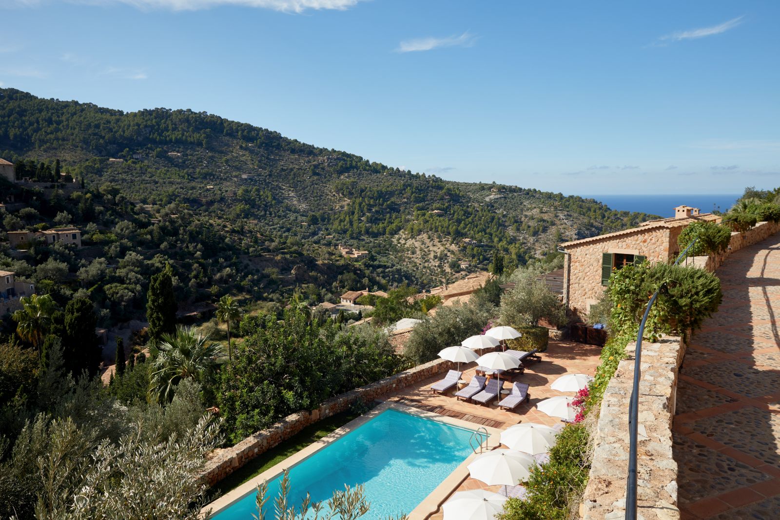 Swimming pool and valley views at Belmond La Residencia in Mallorca