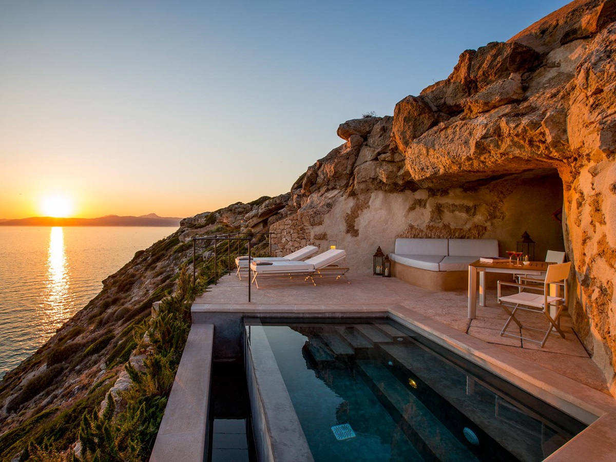 Swimming pool with Mediterranean views at Cap Rocat in Mallorca