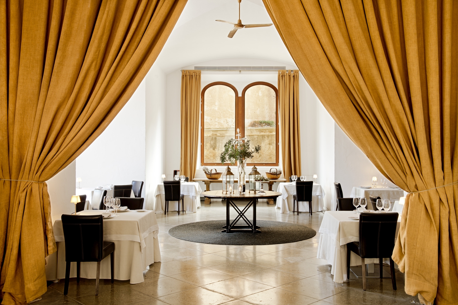 View into the dining area at La Fortaleza restaurant at luxury resort Cap Rocat on Mallorca,Spain