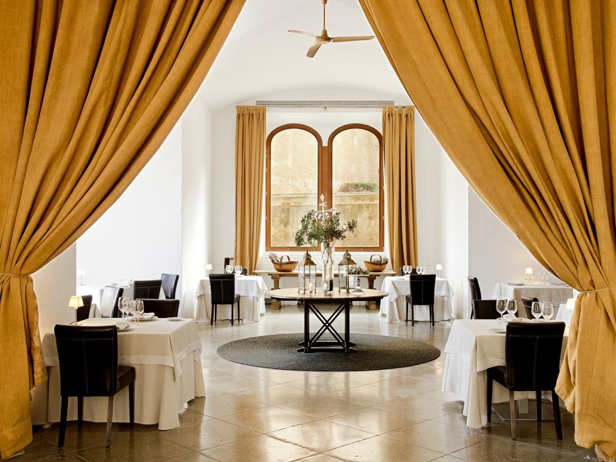 View into the dining area at La Fortaleza restaurant at luxury resort Cap Rocat on Mallorca,Spain