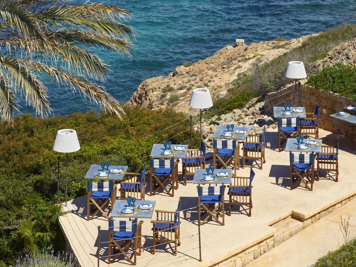 Lunch setup at the Sea Club overlooking the MEditerranean at luxury resort Cap Rocat on Mallorca, Spain