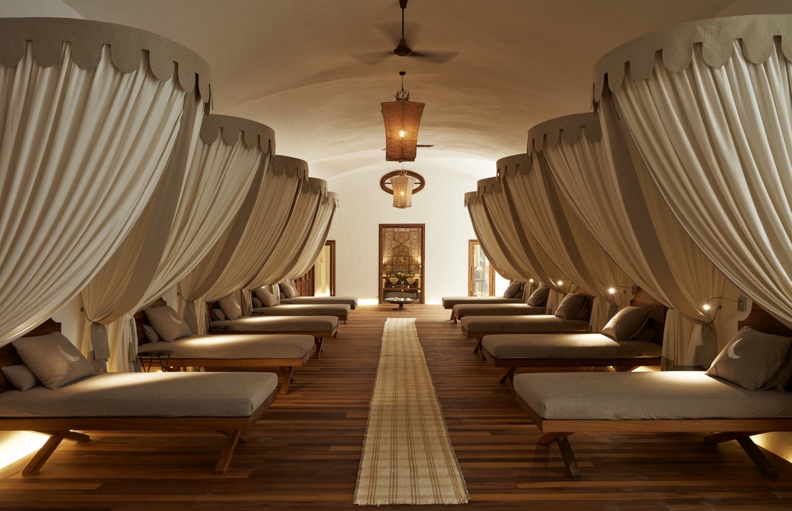 Spa loungers in a relaxation area at luxury resort Cap Rocat on Mallorca, Spain