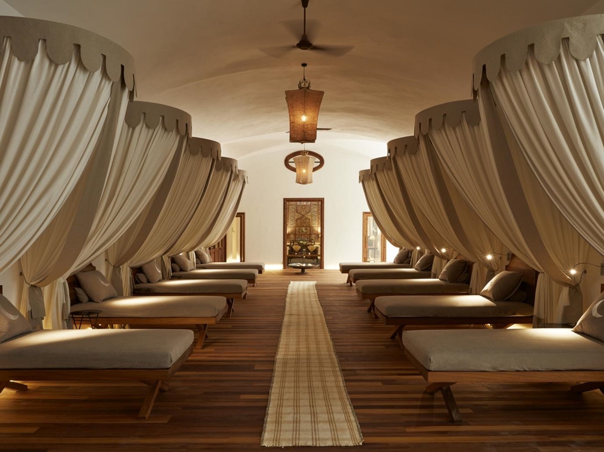Spa loungers in a relaxation area at luxury resort Cap Rocat on Mallorca, Spain