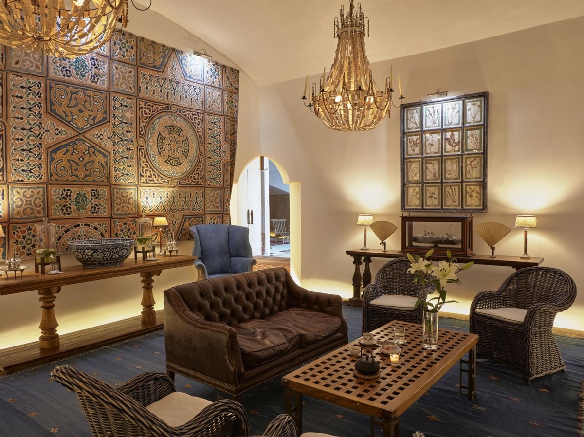 Salon area of the spa at luxury resort Cap Rocat on Mallorca, Spain with mosic wall