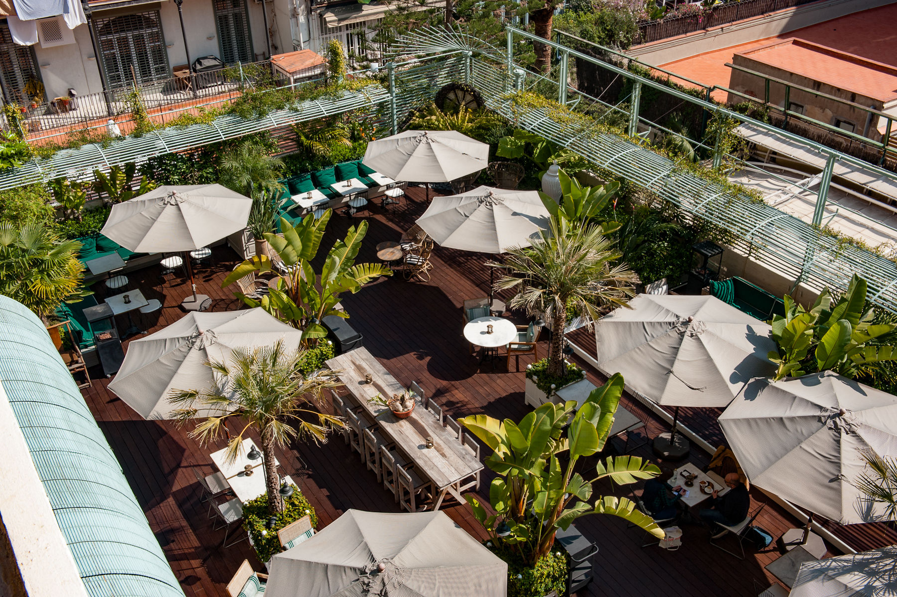 Aerial view of the restaurant terrace ta the Cotton House Hotel in Barcelona