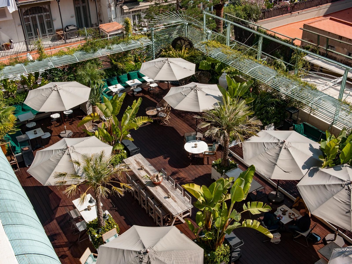 Aerial view of the restaurant terrace ta the Cotton House Hotel in Barcelona