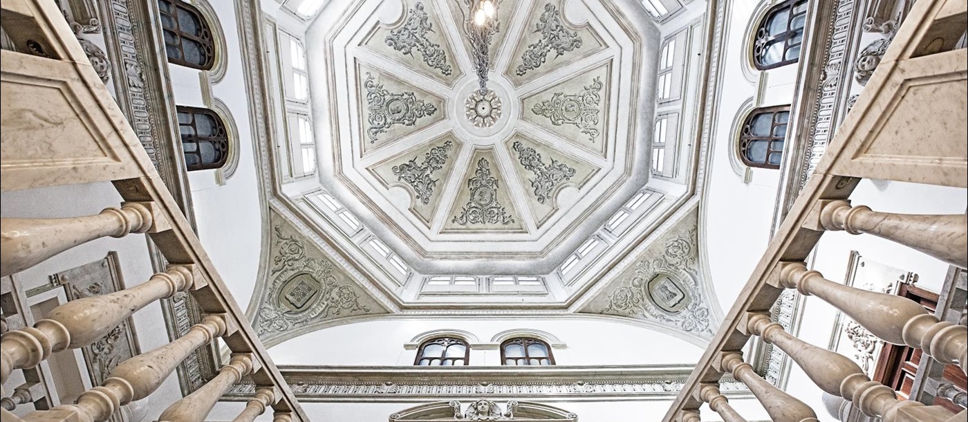 Ornate ceiling view at Hospes Palacio de Los Patos in Spain