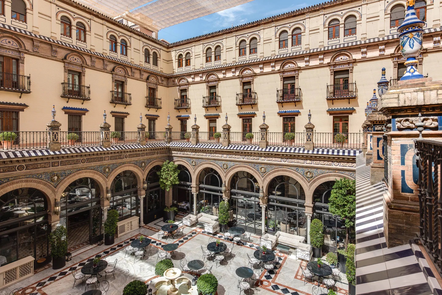 The grand central courtyard and restaurant at Hotel Alfonso XIII Seville