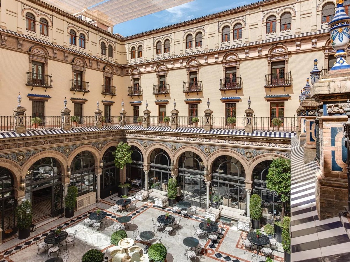 The grand central courtyard and restaurant at Hotel Alfonso XIII Seville
