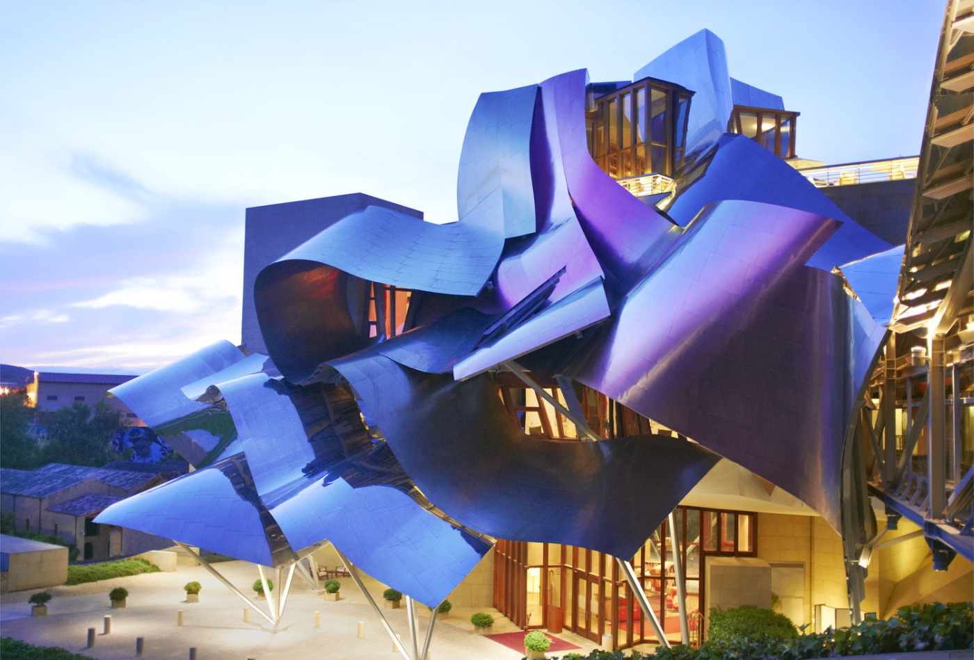 Exterior view of entrance of Hotel Marques de Riscal in Spain