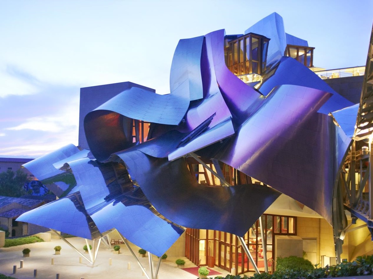 Exterior view of entrance of Hotel Marques de Riscal in Spain