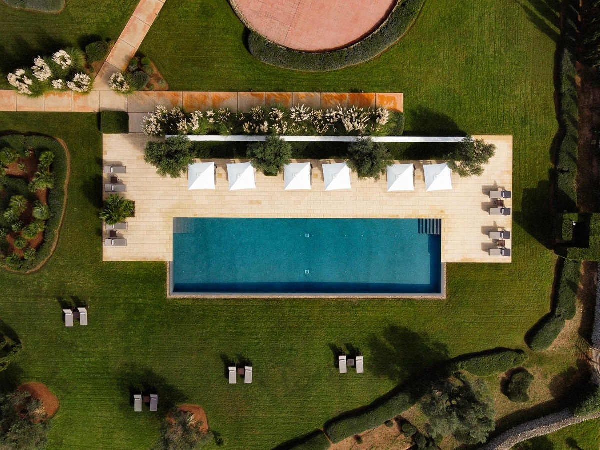 Aerial view of the swimming pool at Hotel Torralbenc in Menorca