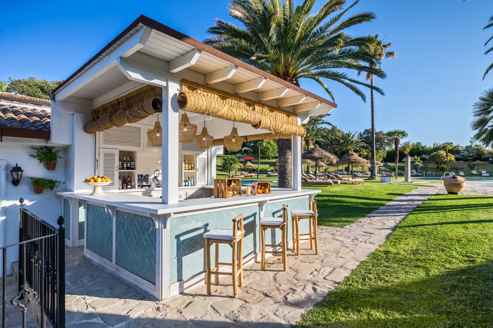 Caribbean-style pool bar at luxury resort La Bobadilla near Grenada, Spain