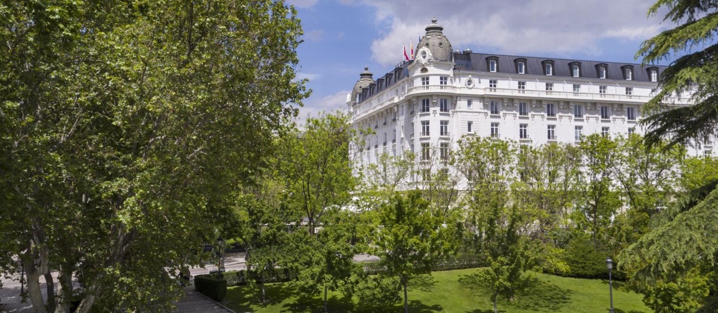 Exterior of luxury hotel Mandarin Oriental Ritz Madrid with gardens