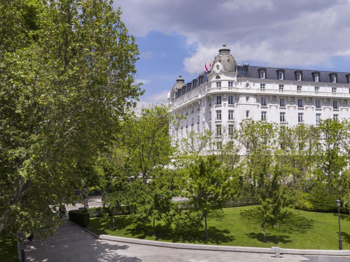 Exterior of luxury hotel Mandarin Oriental Ritz Madrid with gardens