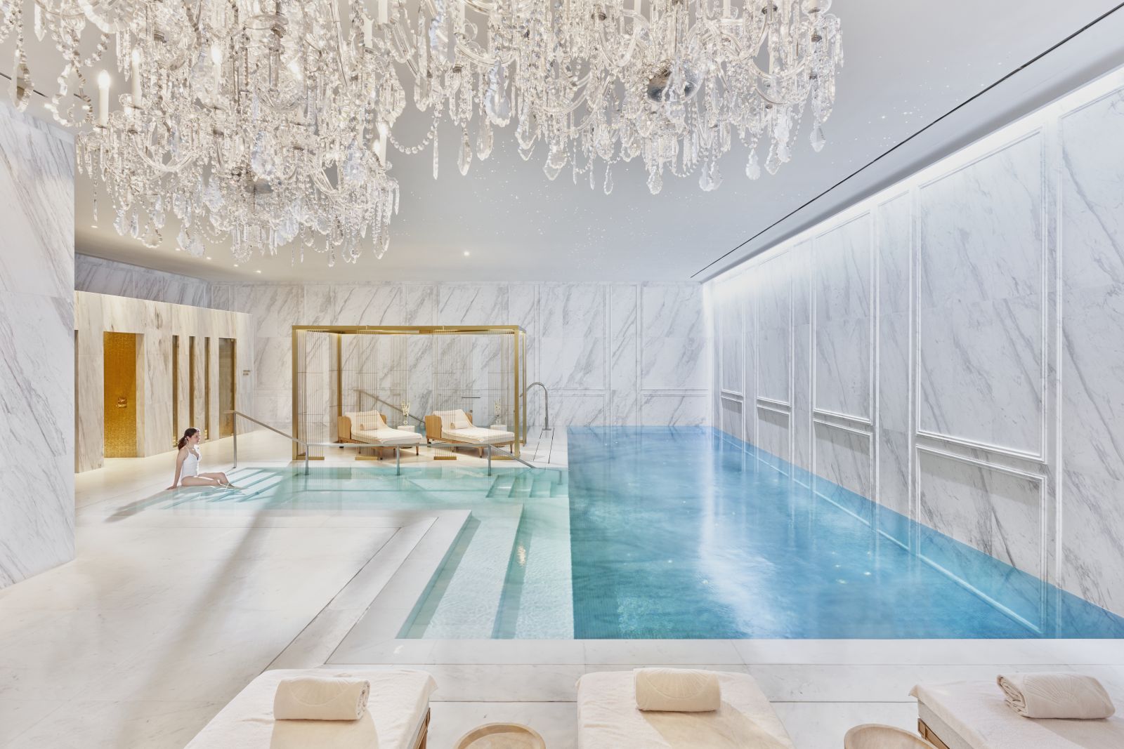 Quiet and serene spa pool at luxury hotel Mandarin Oriental Ritz Madrid