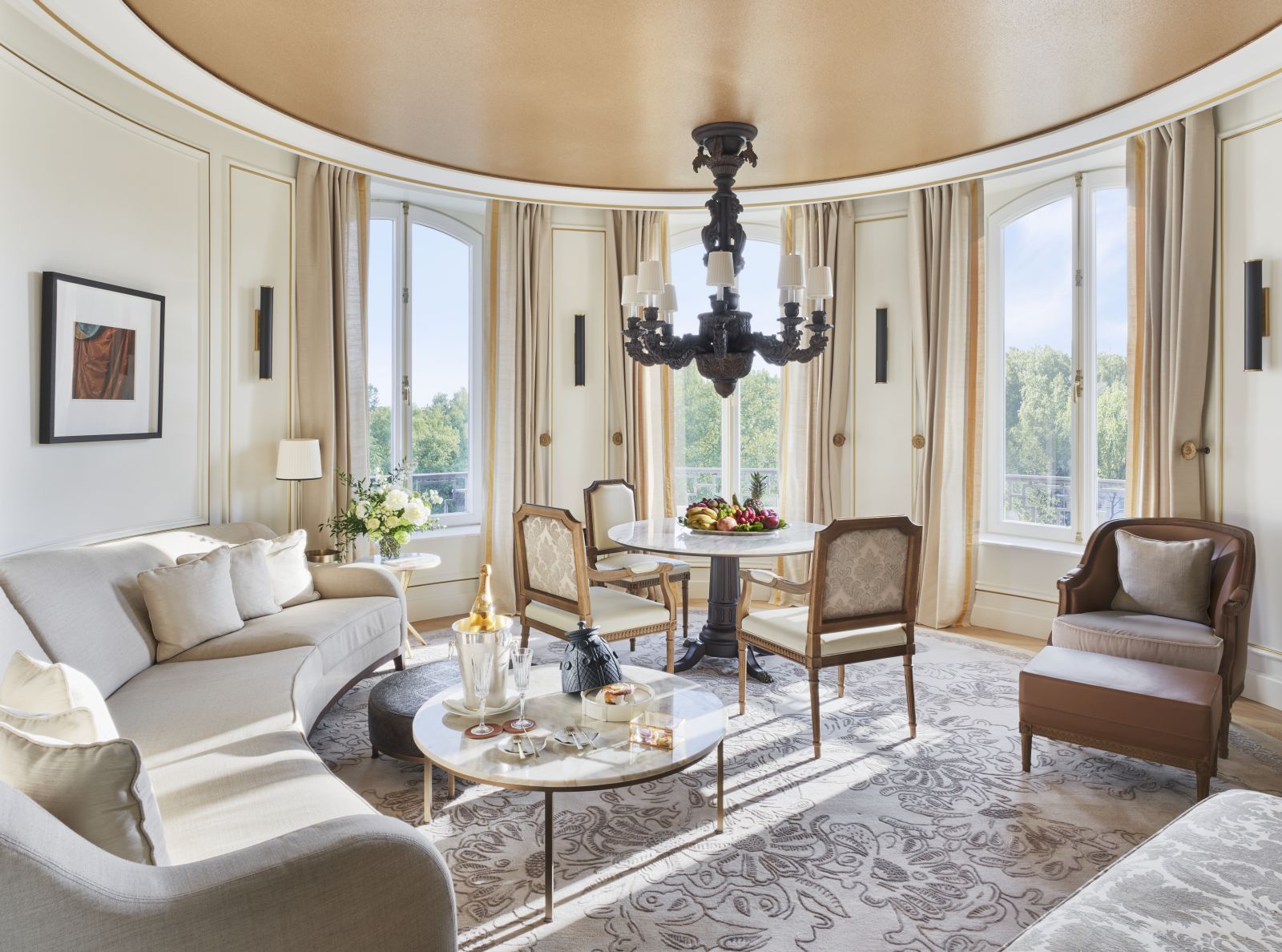 Living and dining room of a Turret Suite at luxury hotel Mandarin Oriental Ritz Madrid