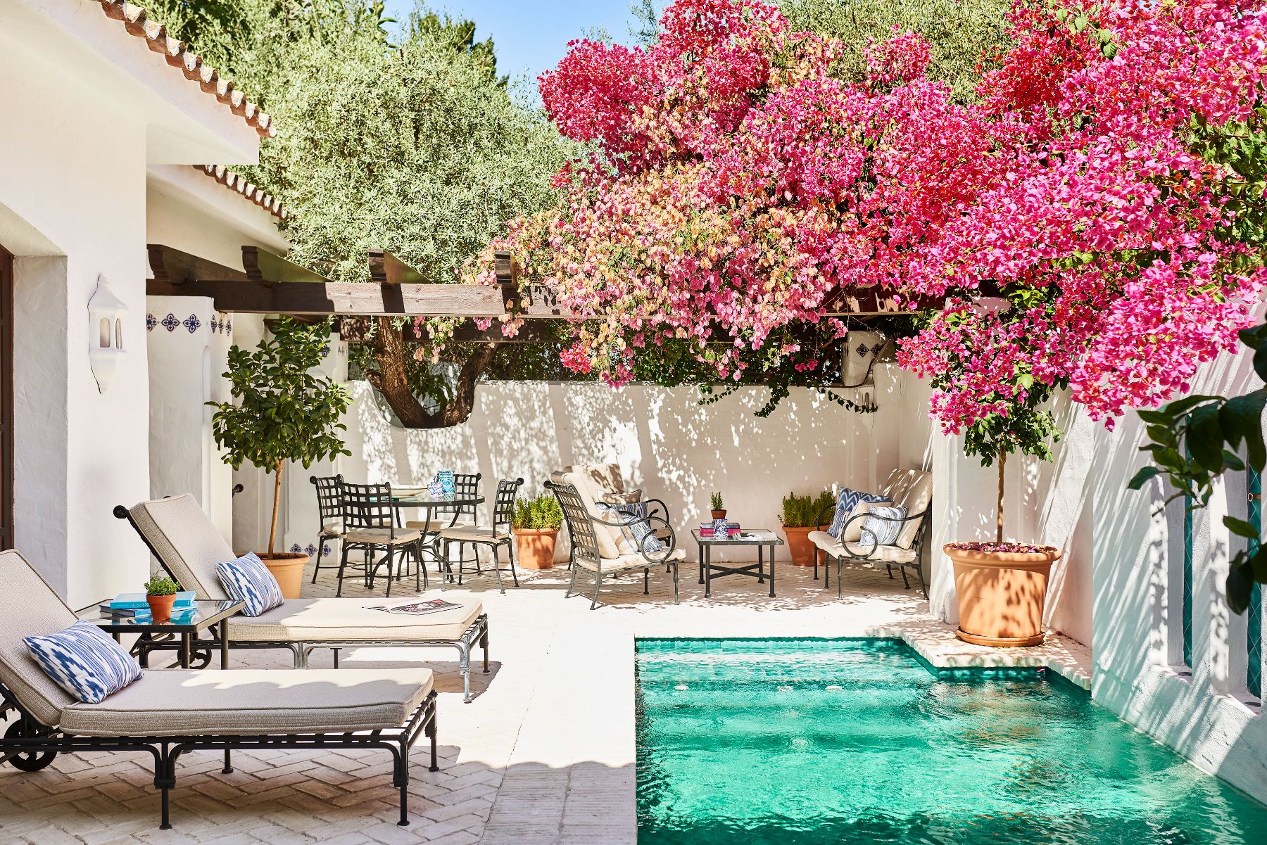 Two bed bungalow terrace and pool at Marbella Club in Spain