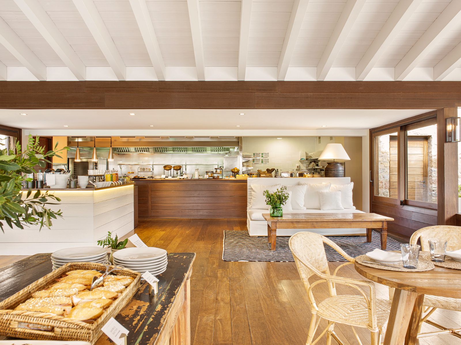 Extensive breakfast buffet in the farmhouse style dining area at luxury hotel Mas de Torrent in Spain