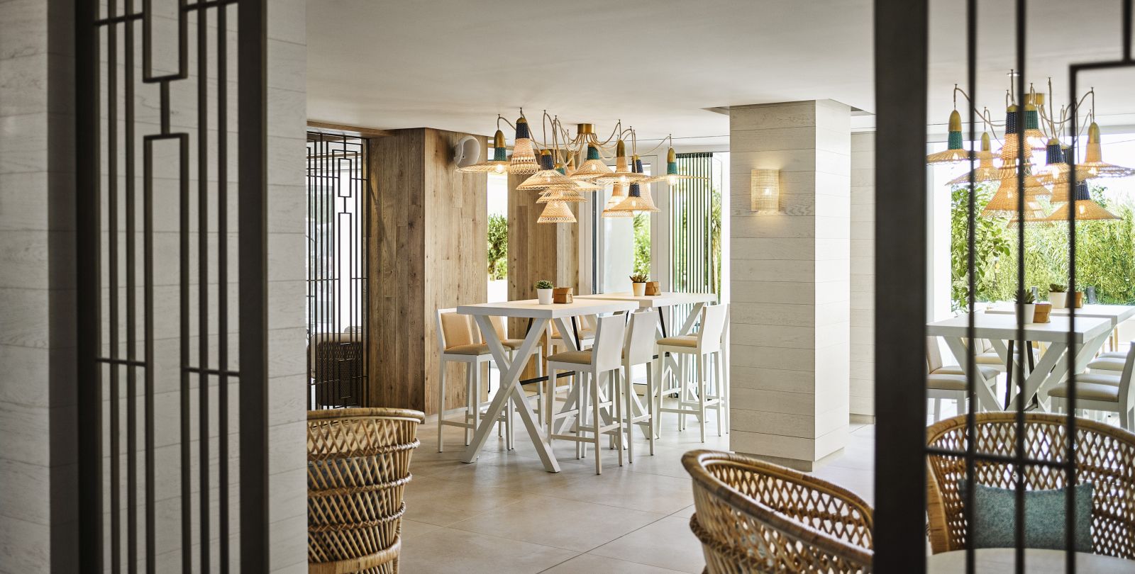Interior seating area of Bay Cafe at luxury hotel Nobu Ibiza