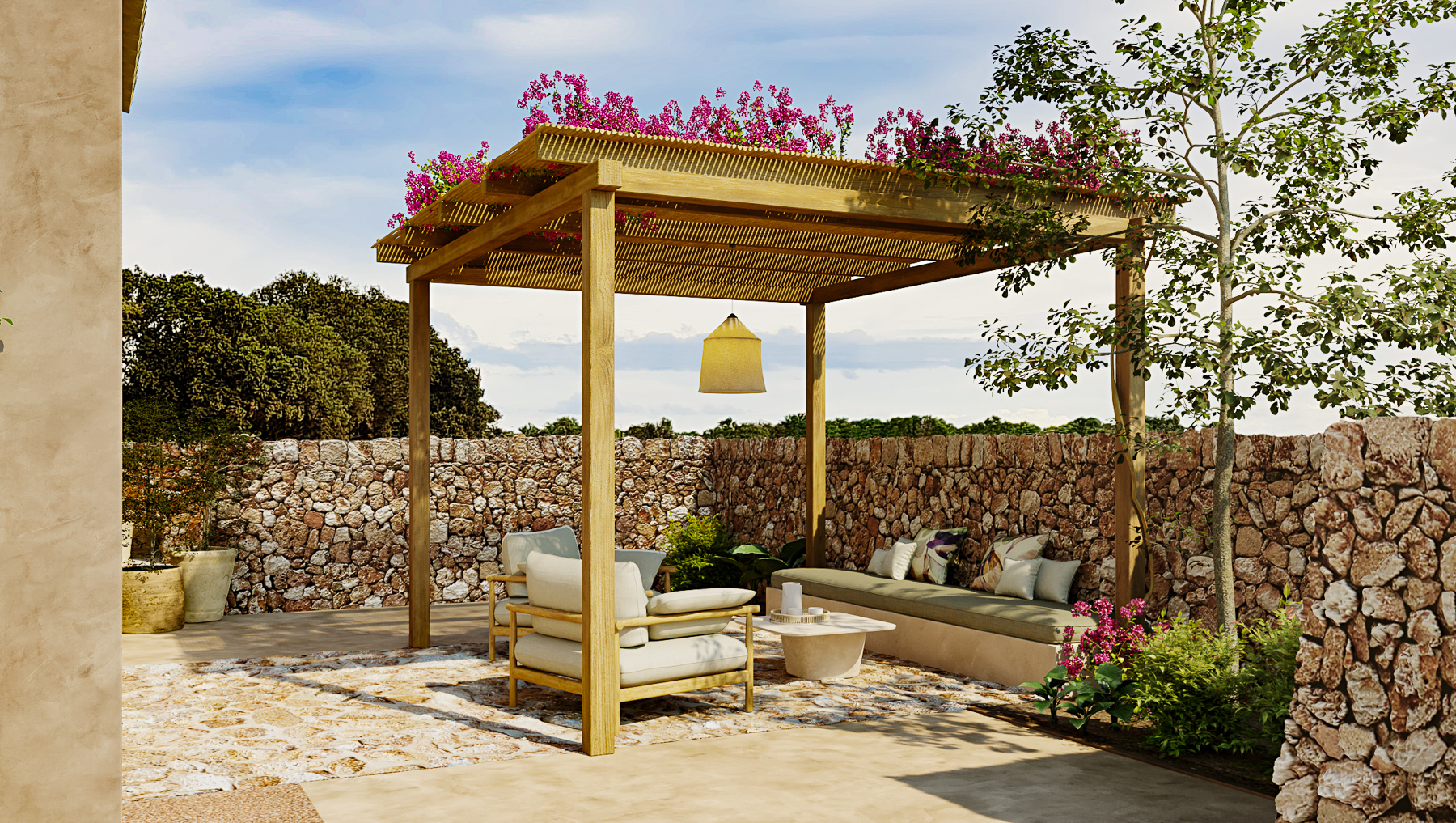 Garden Junior Suite terrace with seating area at Son Vell luxury hotel in Menorca
