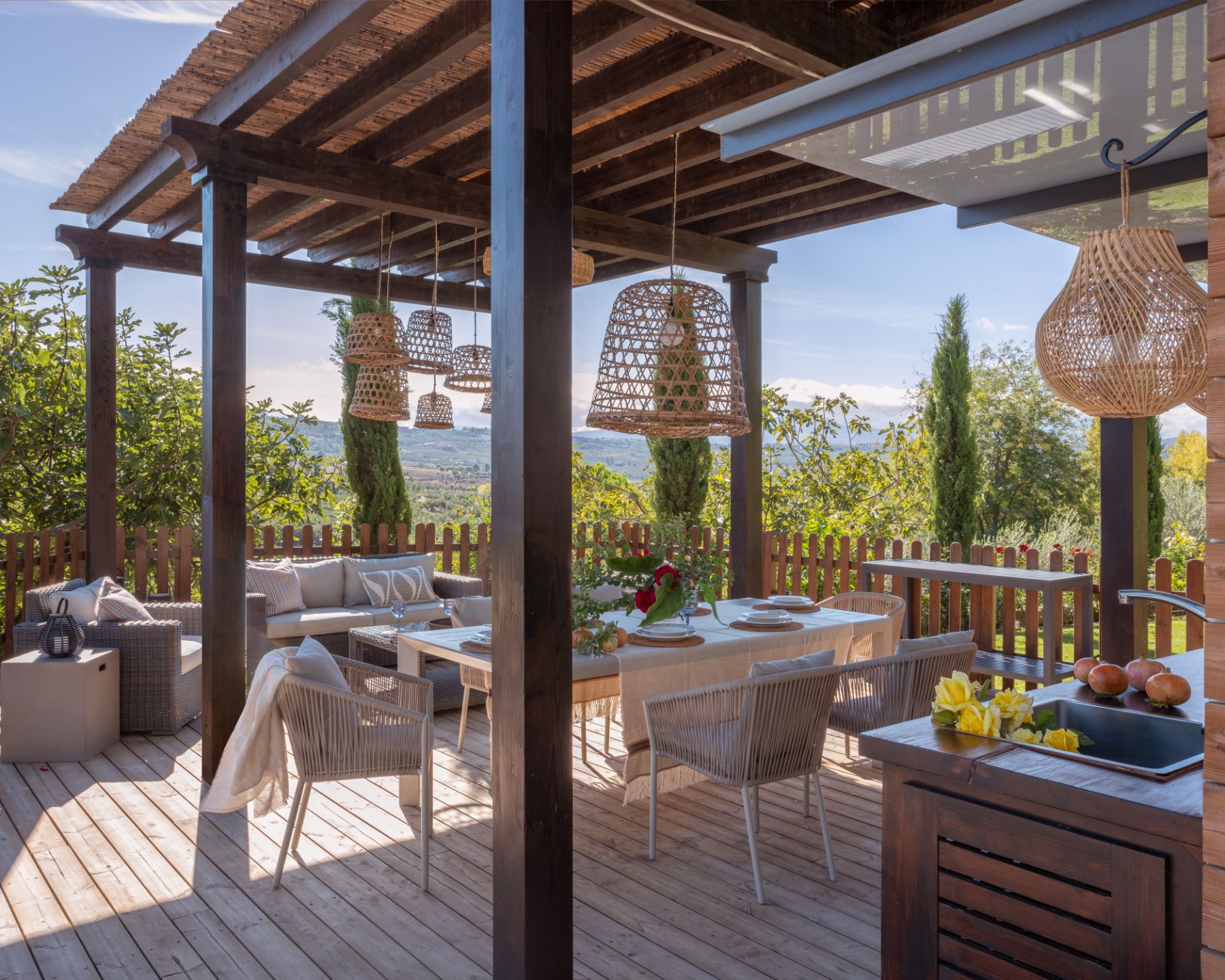 Pergola with seating at Finca Flores, Andalucia