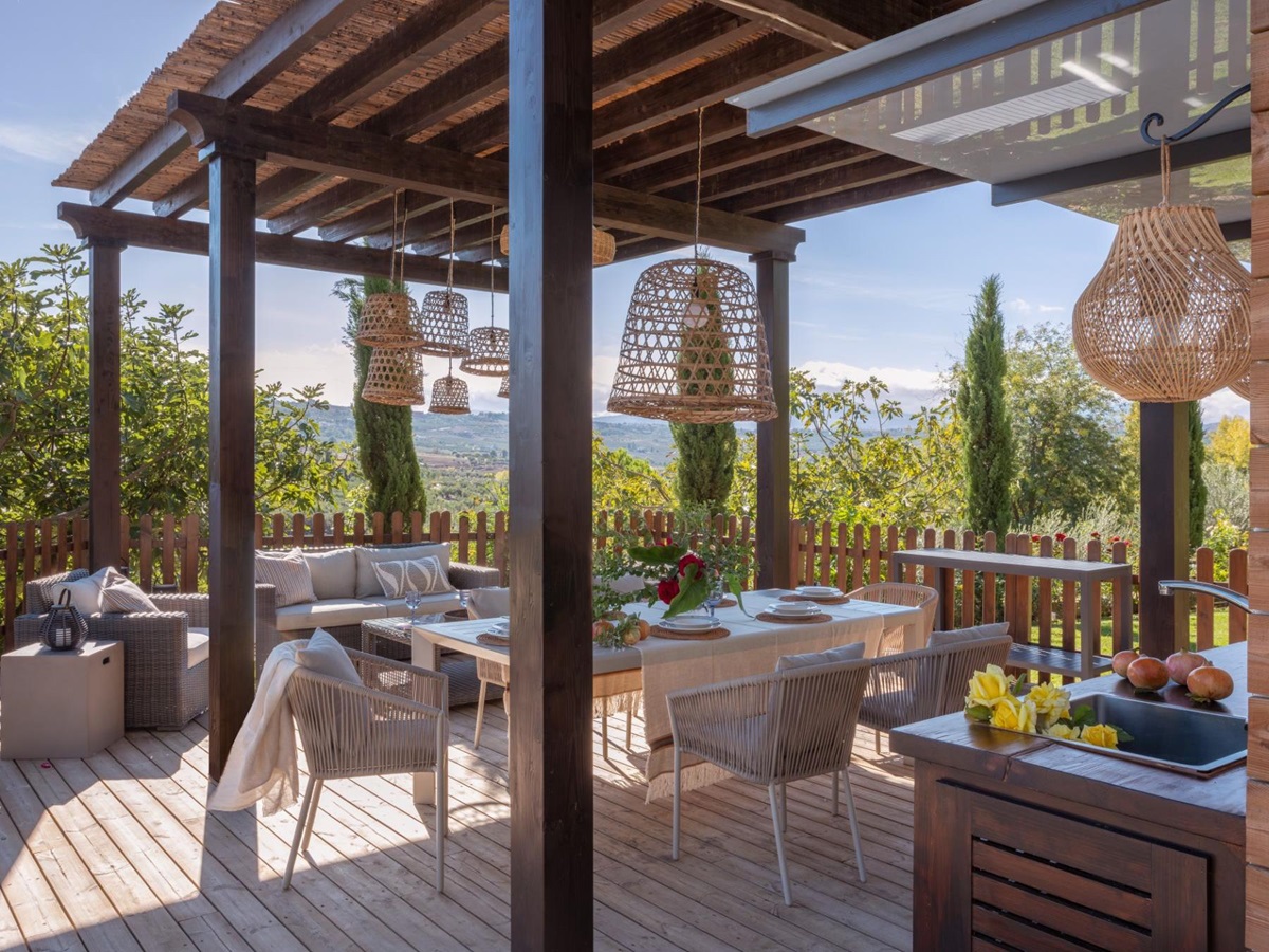 Pergola with seating at Finca Flores, Andalucia